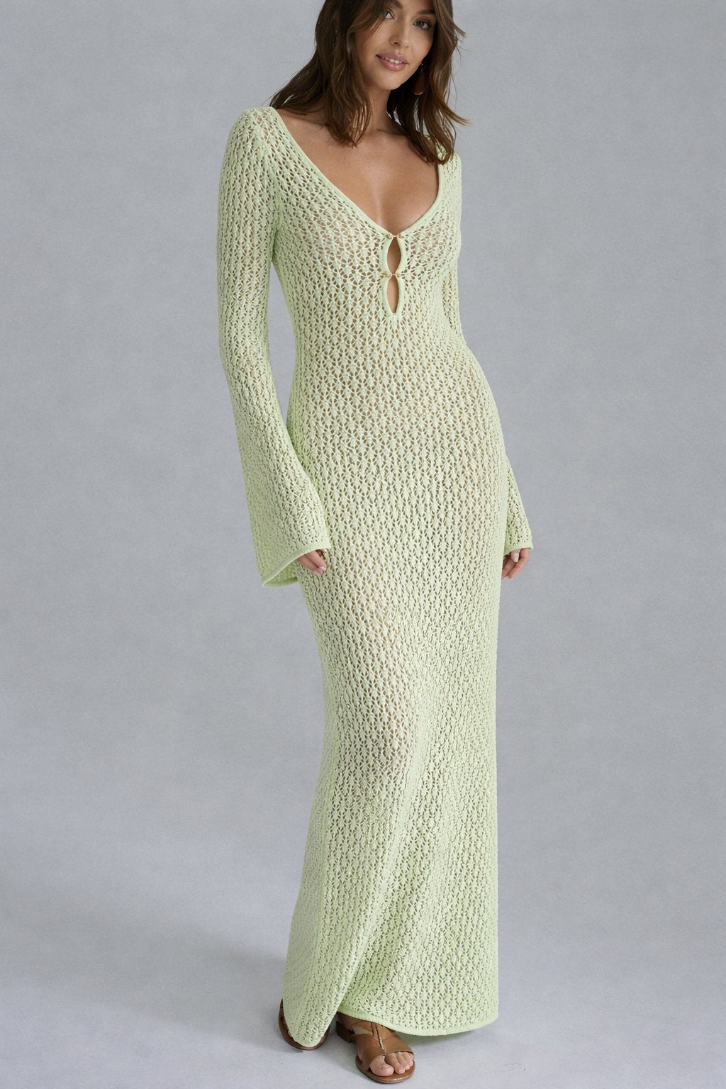Lime green crochet dress with bell sleeves front view