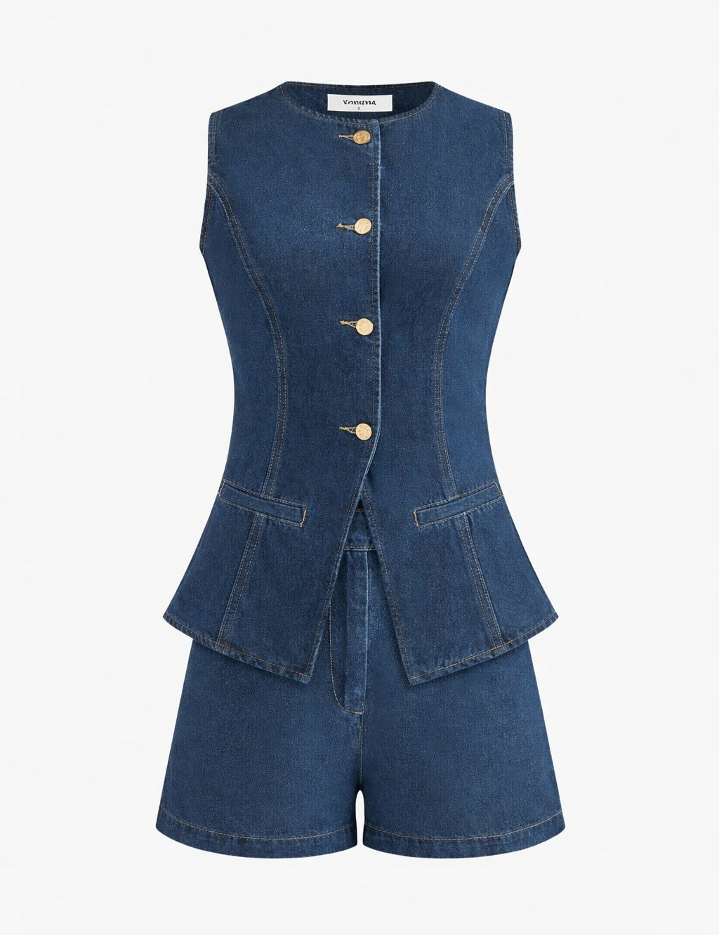 Denim playsuit with gold buttons and pockets front view