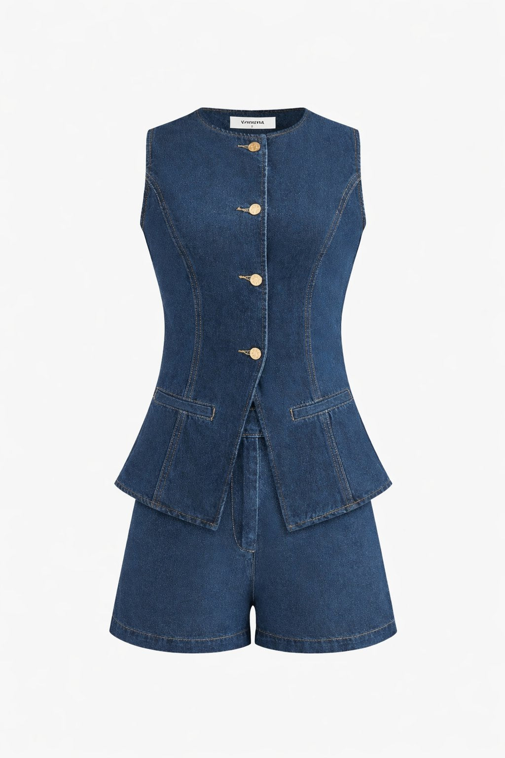 Denim playsuit with gold buttons and pockets front view