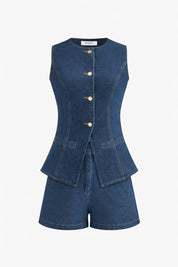 Denim playsuit with gold buttons and pockets front view