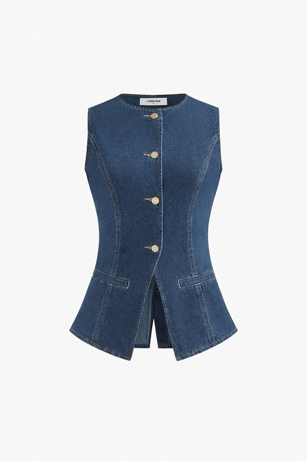 Denim playsuit with gold buttons and pockets front view