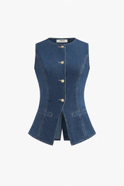 Denim playsuit with gold buttons and pockets front view