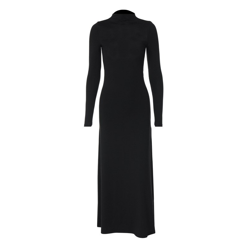 Black maxi dress with high collar and thigh-high slit, plain background