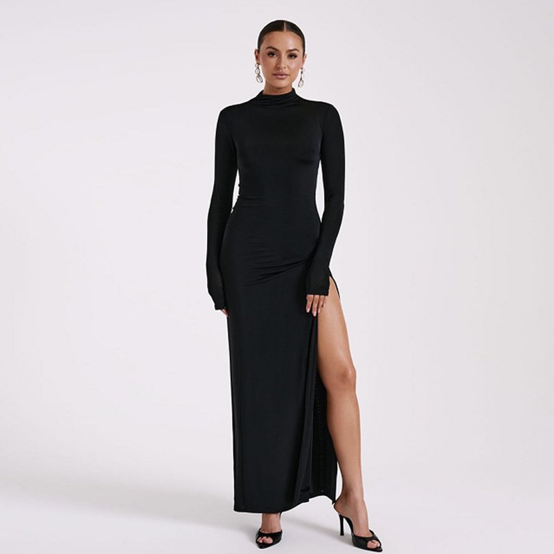 Kyra | Hoge kraag en scheur tot dij Maxi-jurk open rug