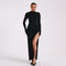 Black maxi dress with high collar and thigh-high slit, front view with hands on hips