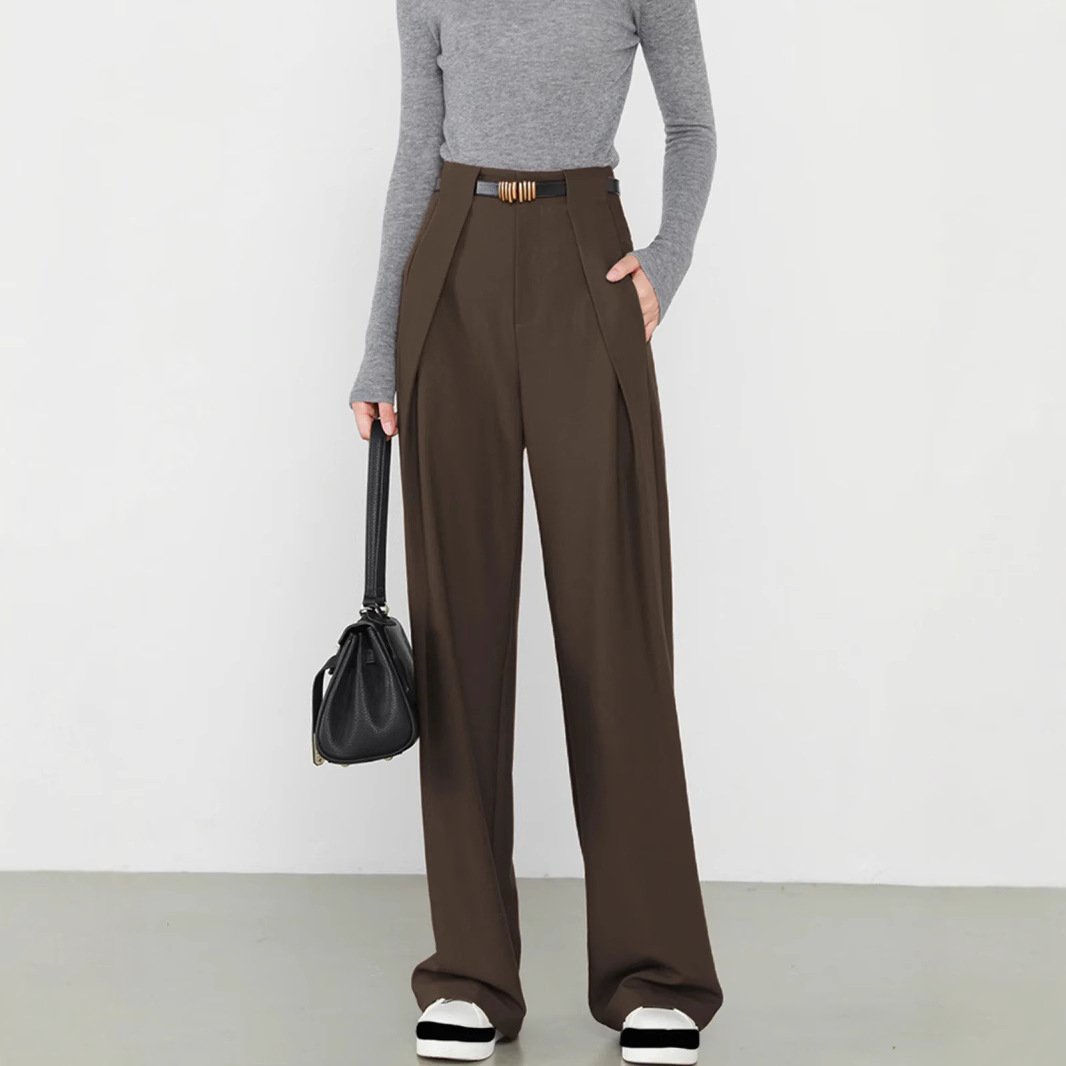 Brown wide-leg trousers with gold belt buckle front view