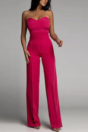 Strapless jumpsuit roze met hoge taille en breed pijpje front view