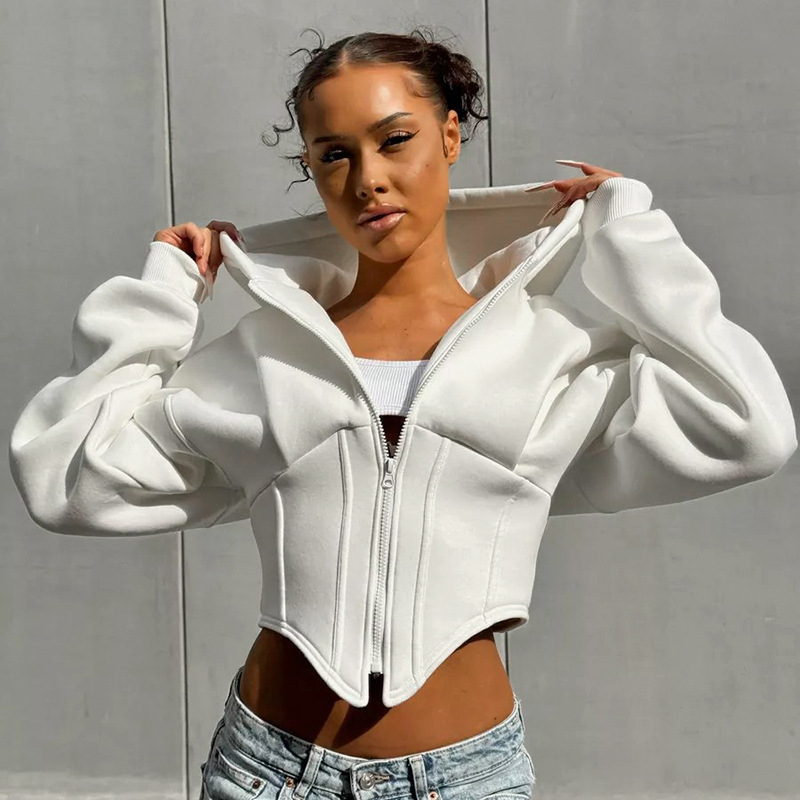 White hoodie with corset detail front view
