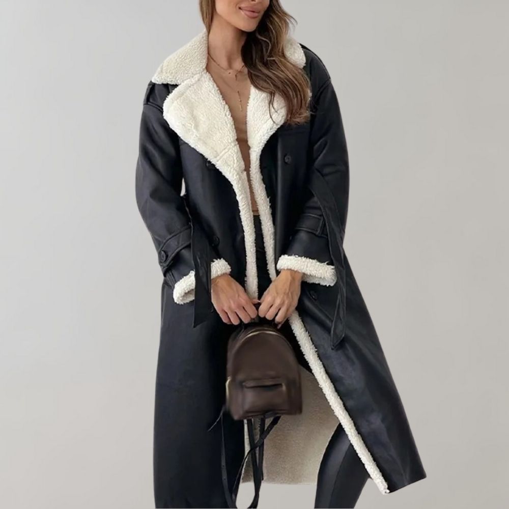 Trenchcoat black with white shearling lining front view