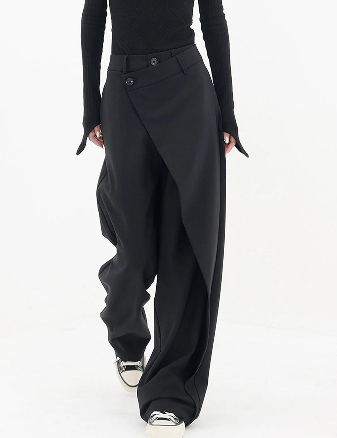 Zwarte oversized pantalon met dubbele knoop detail front view
