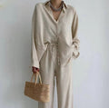 Twee-delig katoenen pak dames beige front view