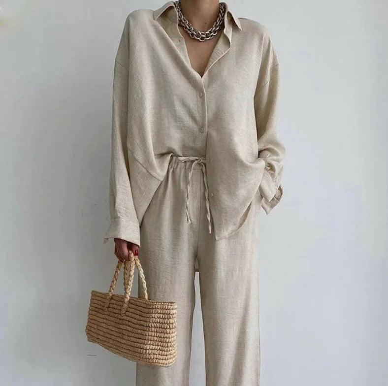 Twee-delig katoenen pak dames beige front view