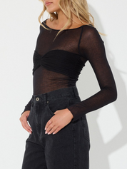 Black off-shoulder top with ruched detail side view