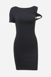 Black dress with one-shoulder design, front view on mannequin