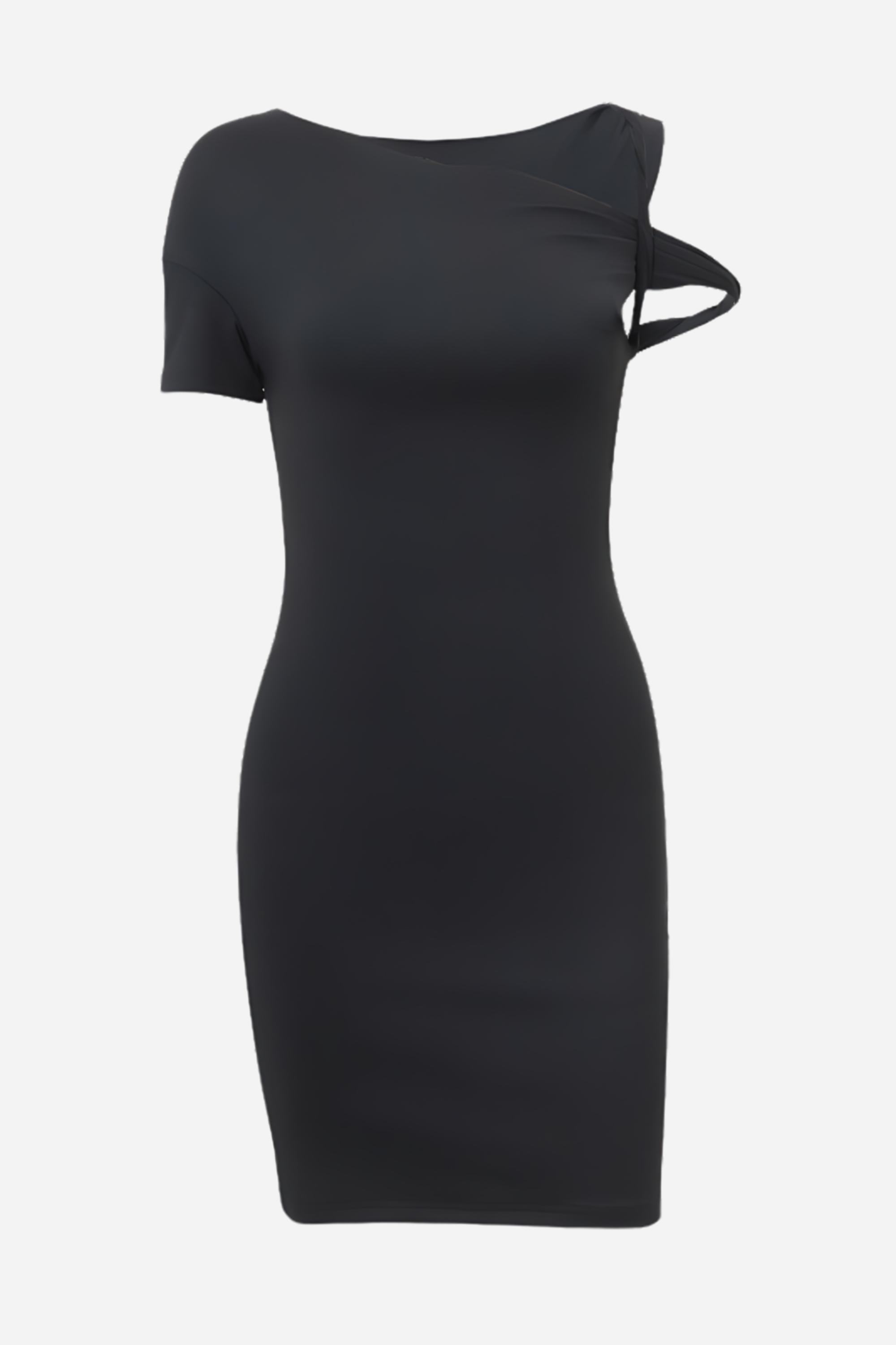 Black dress with one-shoulder design, front view on mannequin