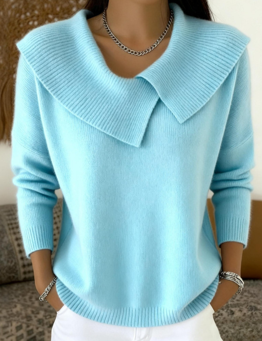 Light blue sweater with oversized collar front view