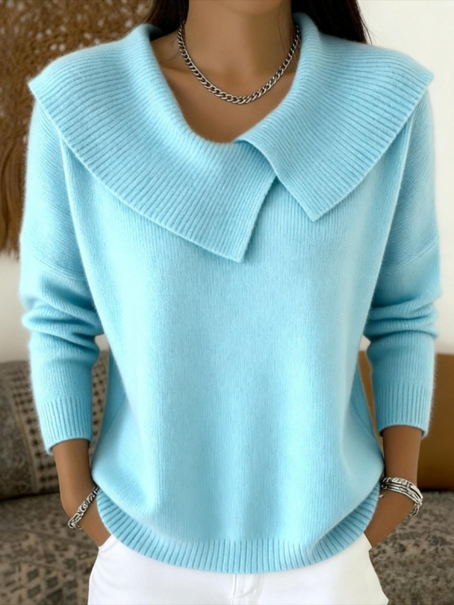 Light blue sweater with oversized collar front view