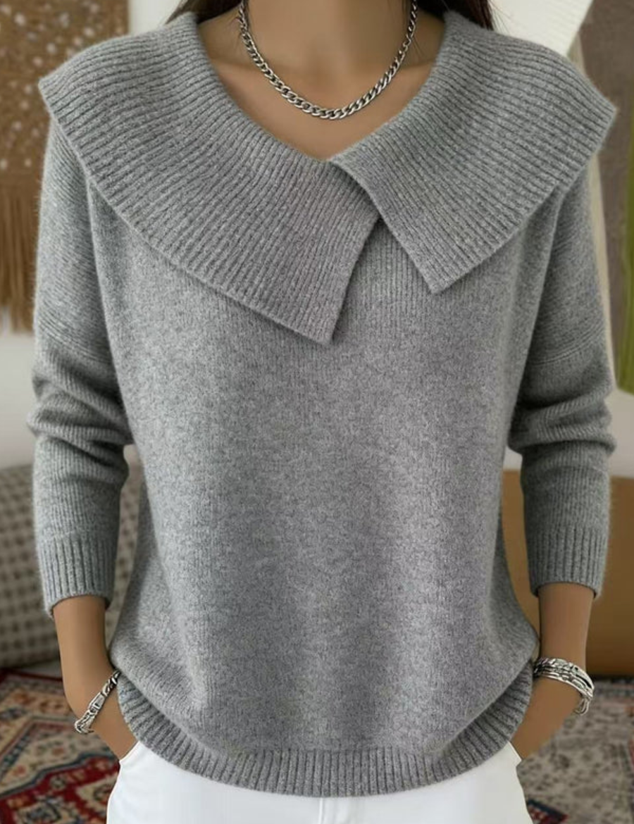 Gray sweater with oversized collar front view