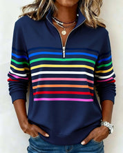 Navy sweatshirt with colorful stripes front view