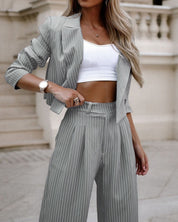 Gray striped blazer and pants set close-up detail