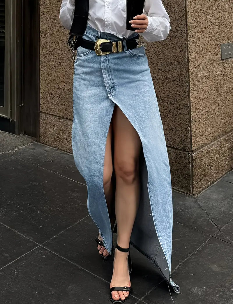 Light blue denim maxi skirt with high slit, side view