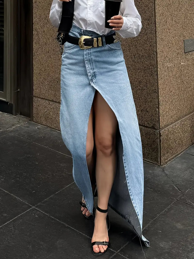 Light blue denim maxi skirt with high slit, side view