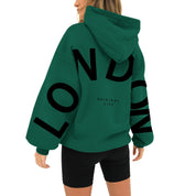 Green hoodie with 'LONDON' print back view