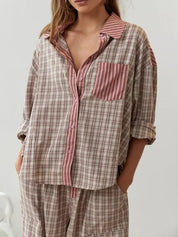 Pyjama set pink and brown checkered with striped accents front view