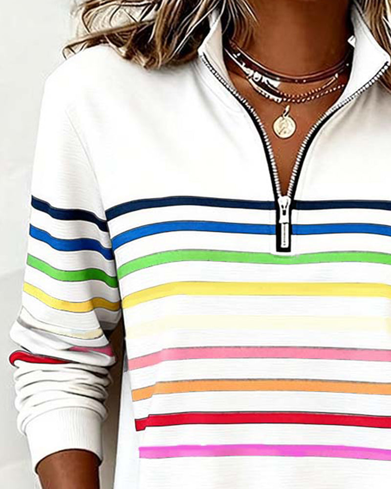 White sweatshirt with colorful stripes close-up neck view