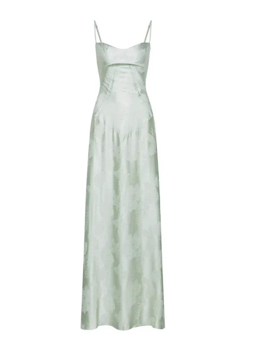 Luxe maxi-jurk met bloemenprint in pistache groen, front view