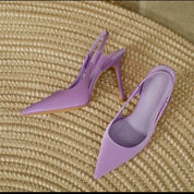 Lila slingback pumps met puntige neus en hoge hakken, achterzijde