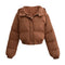 Brown puffer jacket with hood, front view