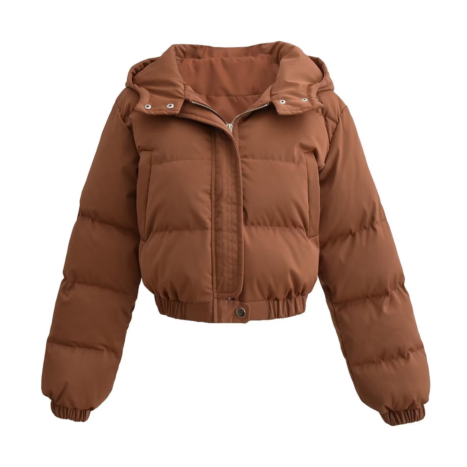 Brown puffer jacket with hood, front view