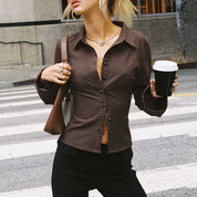 Brown striped shirt with bell sleeves street style