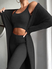 Black fuzzy knit loungewear set full body front view