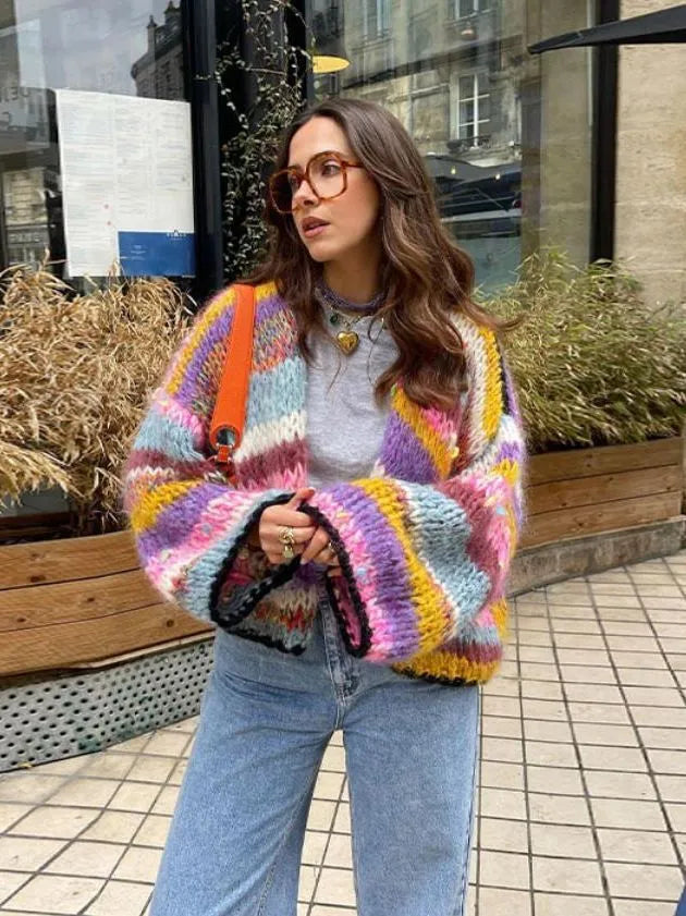 Krista Vest met gestreept chunky knit patroon en relaxed open silhouet voor dames