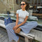 Wide-leg trousers blue and white striped front view