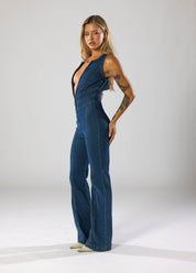 Denim jumpsuit met hartvormige uitsnede, blauw, zijprofiel