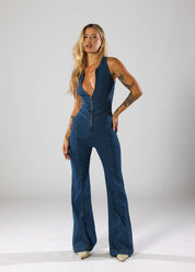 Denim jumpsuit met hartvormige uitsnede en rits, blauw, front view