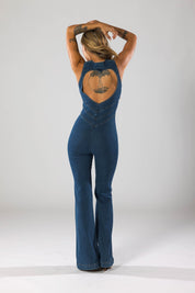 Denim jumpsuit met hartvormige uitsnede blauw achterzijde