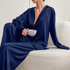 Rozella | Pyjamaset met knoopsluiting en wijde pijpen van satijn voor dames