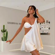 White asymmetrical draped dress front view