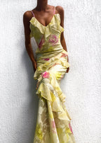 Yellow and pink floral dress with ruffles indoor mirror selfie