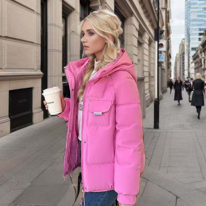 Puffer jacket pink with hood street view