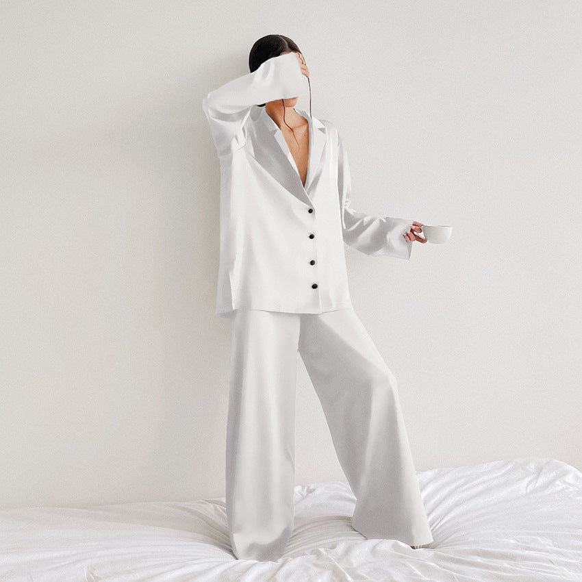 Rozella | Pyjamaset met knoopsluiting en wijde pijpen van satijn voor dames