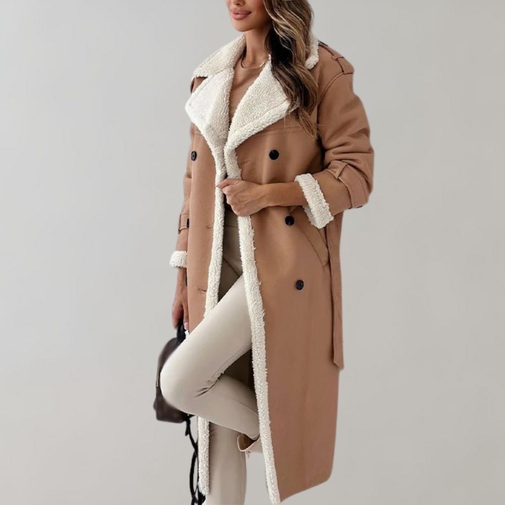Trenchcoat camel with white shearling lining three-quarter view