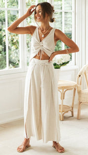 White linen loungewear set front view with accessories