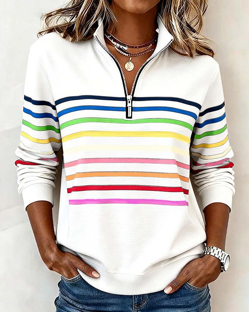 White sweatshirt with colorful stripes front view