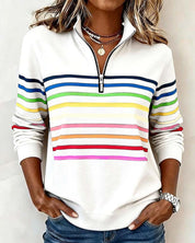 White sweatshirt with colorful stripes front view