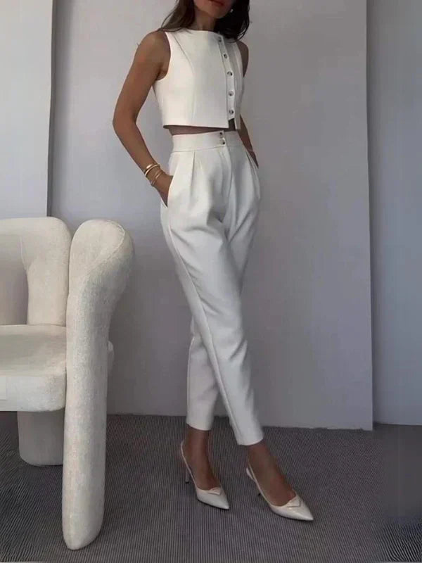 White co-ord set with heels side profile